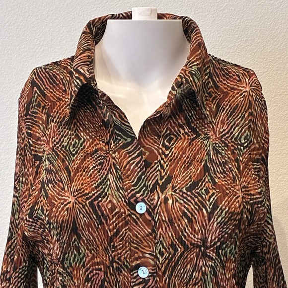 Sere Nade New York Accordion‎ Pleated Flare Sleeve Blouse Sz L Brown Geo Office - Picture 2 of 10